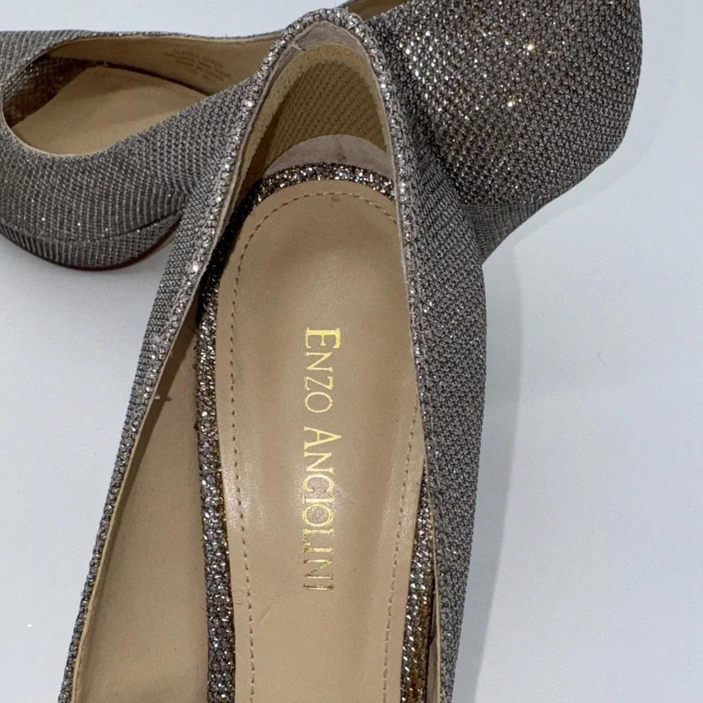 Enzo Angiolini‎ Womens 7.5 Sparkle Open Toe Heels Shoes Silver Gold Bronze